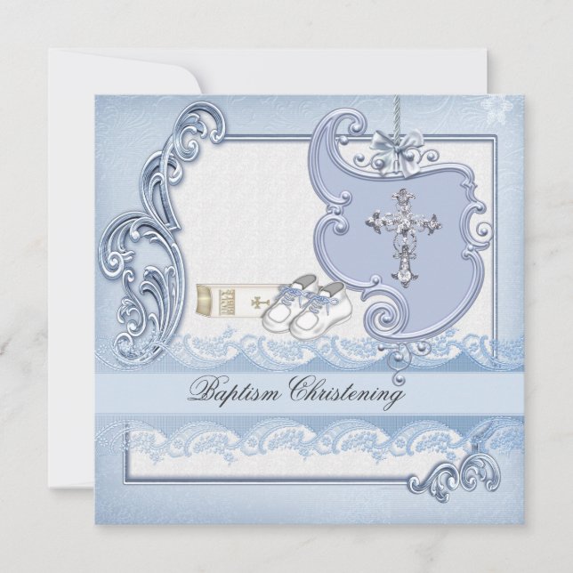 Baptism Blue Kor Boy Damask christening Inbjudningar (Framsida)
