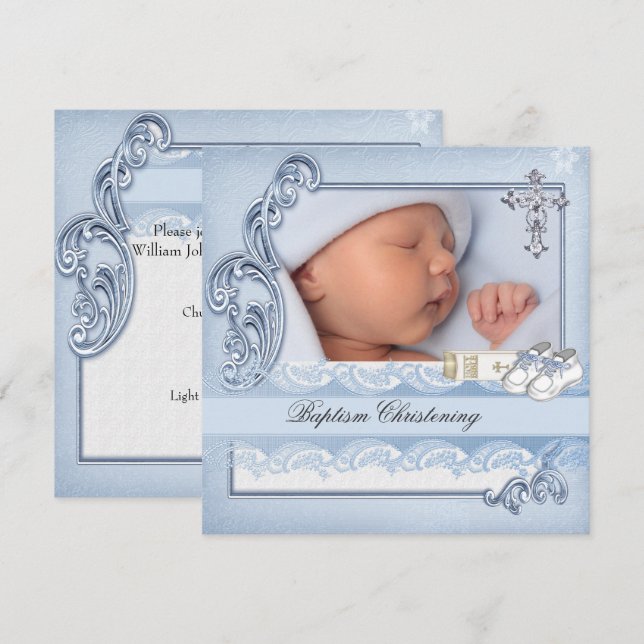 Baptism Blue Kor Boy Damask christening Inbjudningar (Fram/baksida)