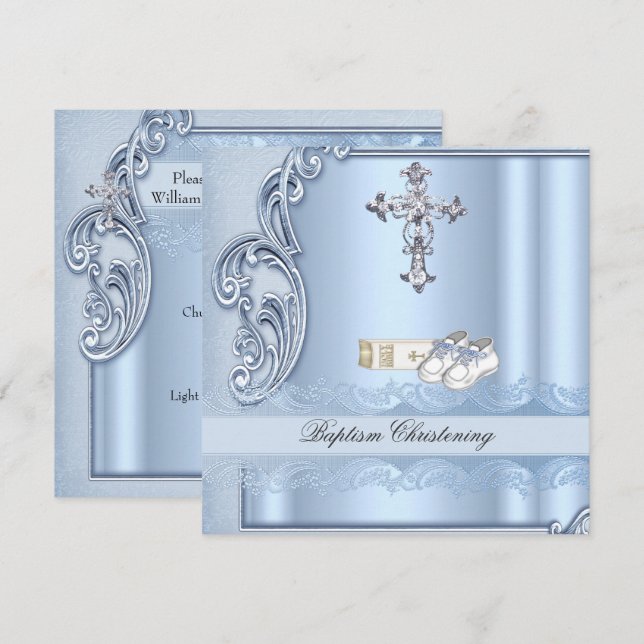 Baptism Blue Kor Boy Damask christening Inbjudningar (Fram/baksida)