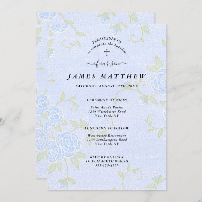 Baptism Blue Ro Blommigt Christian Inbjudningar (Fram/baksida)