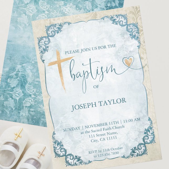 Baptism Blue Rustic Guld Kor Christening Inbjudningar (Skapare uppladdad)