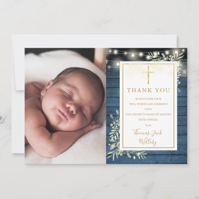 Baptism Blue Rustic String Ljus Greenery Photo Tack Kort (Framsida)