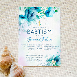 Baptism blue teal grönt blommor christening inbjudningar