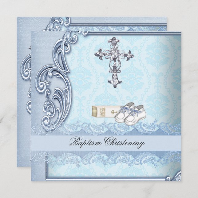 Baptism Blue Teal Kor Boy Damask christening Inbjudningar (Fram/baksida)