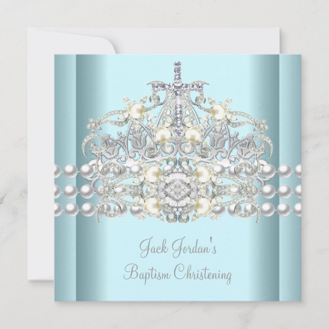 Baptism Blue Tiara Silver White Pearl Diamond Inbjudningar (Framsida)