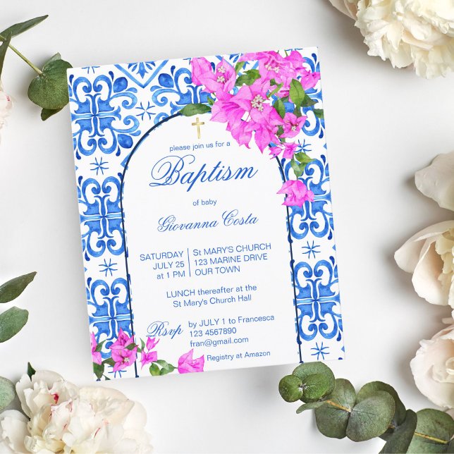 Baptism Blue Tiles Bougainvillea budgetinbjudan (Skapare uppladdad)