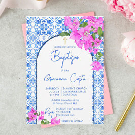 Baptism Blue Tiles och Bougainvillea elegant Inbjudningar
