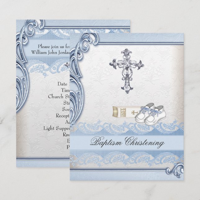 Baptism Blue White Kor Boy Damask christening Inbjudningar (Fram/baksida)