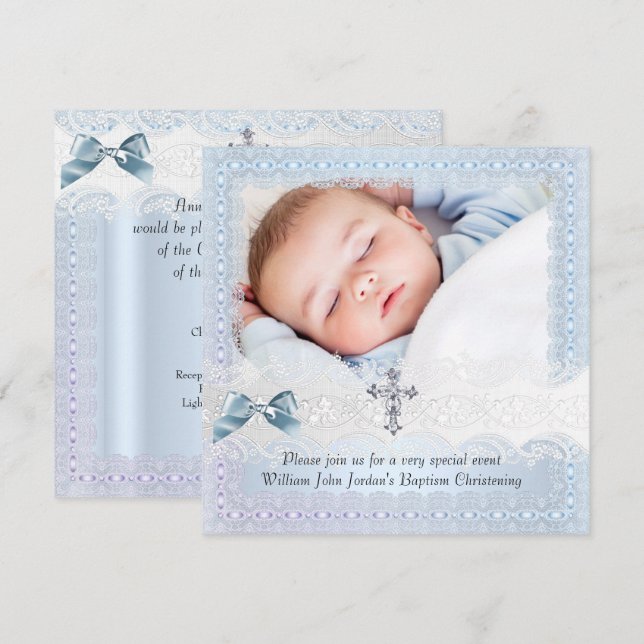 Baptism Blue White Snöre Photo Jewel Kor Boy 2 Inbjudningar (Fram/baksida)