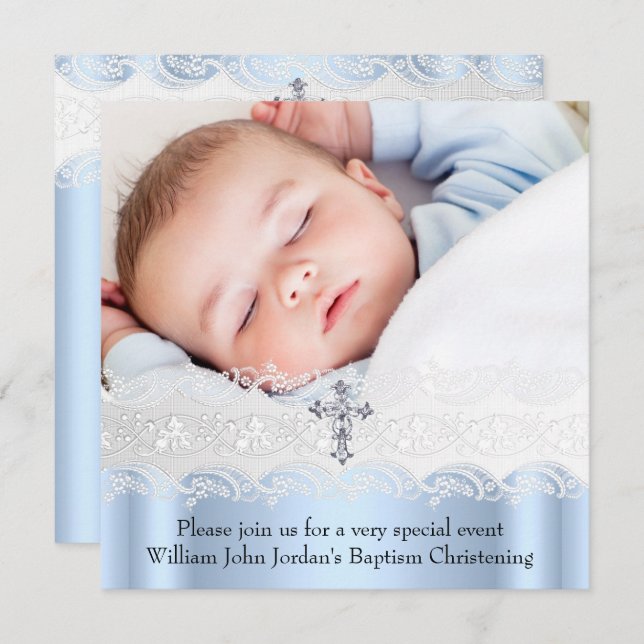 Baptism Blue White Snöre Photo Jewel Kor Boy Inbjudningar (Fram/baksida)