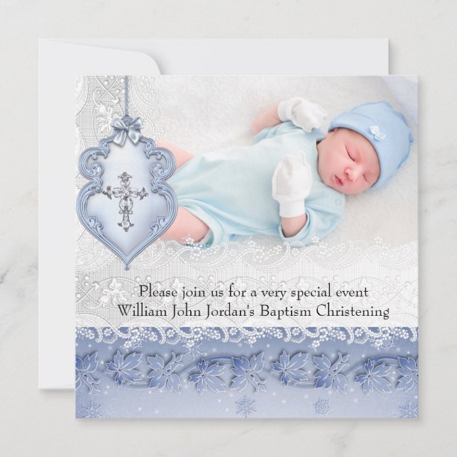Baptism Blue White Snöre Photo Jewel Kor Boy Inbjudningar (Framsida)