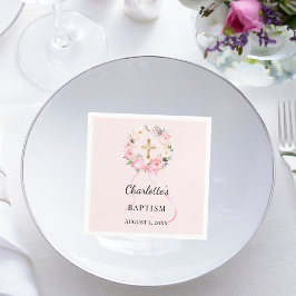 Baptism blush pink girl florals wreath cross pappersservett