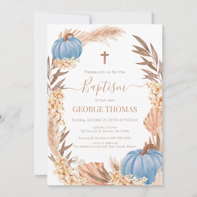 Baptism Boho Pampas arrangement blue Pumpkin Inbjudningar (Framsida)