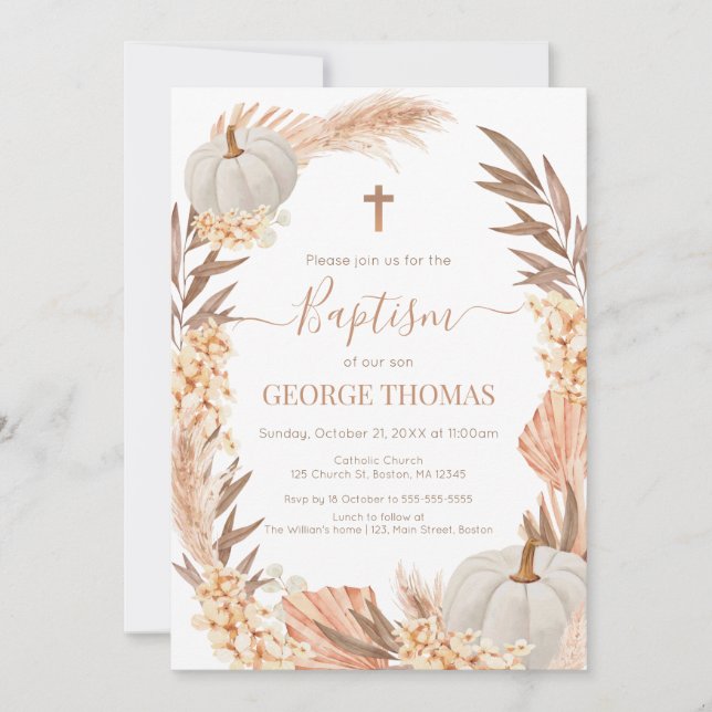 Baptism Boho Pampas arrangement white Pumpkin Inbjudningar (Framsida)