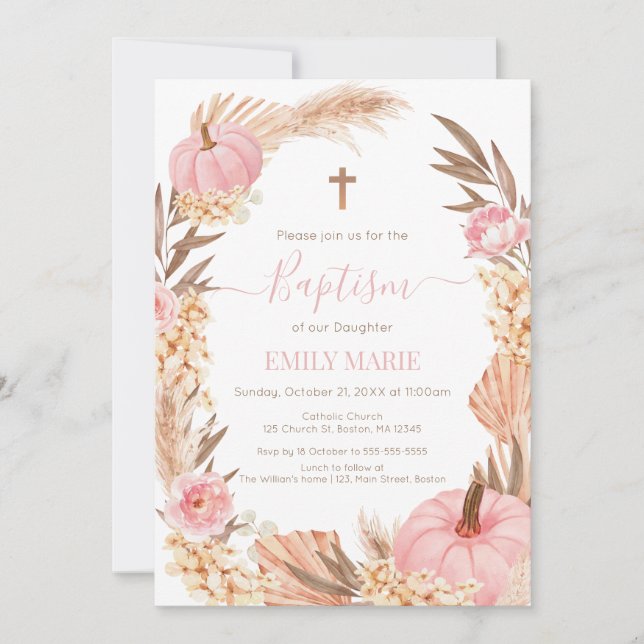 Baptism Boho Pampas Pink Pumpkin Inbjudningar (Framsida)