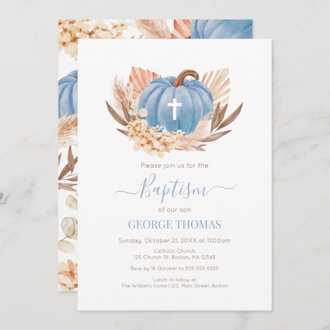 Baptism Boho Pampas Pumpkin blue Inbjudningar (Fram/baksida)