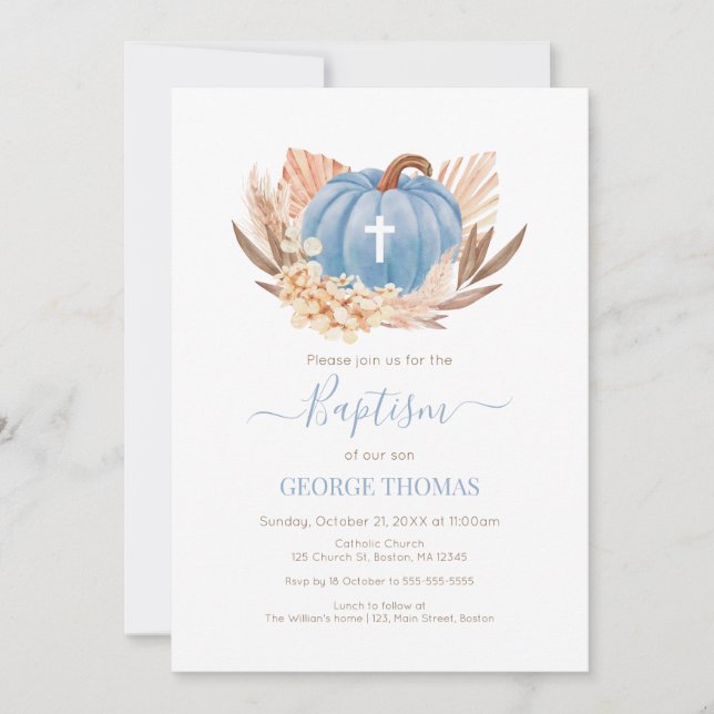 Baptism Boho Pampas Pumpkin blue Inbjudningar (Framsida)
