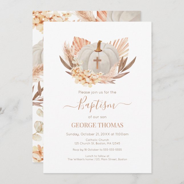 Baptism Boho Pampas white Pumpkin Invitation  Inbjudningar (Fram/baksida)