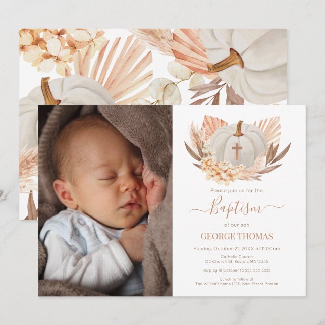 Baptism Boho white Pumpkin Photo Invitation  Inbjudningar (Fram/baksida)