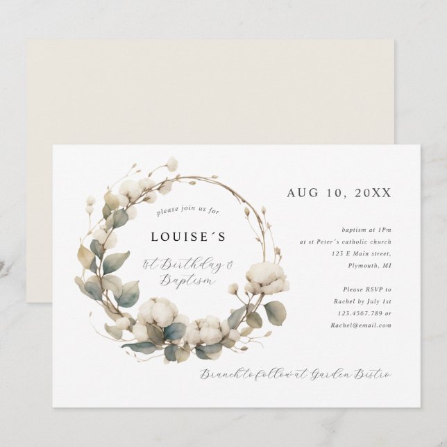 Baptism bomull och eukalyptus andedräkt inbjudningar (Fram/baksida)