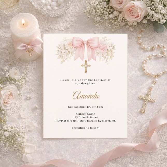 Baptism Bow Blush Pink Florals Cross Invitation (Skapare uppladdad)