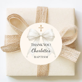 Baptism bow ivory white pearls cross thank you runt klistermärke