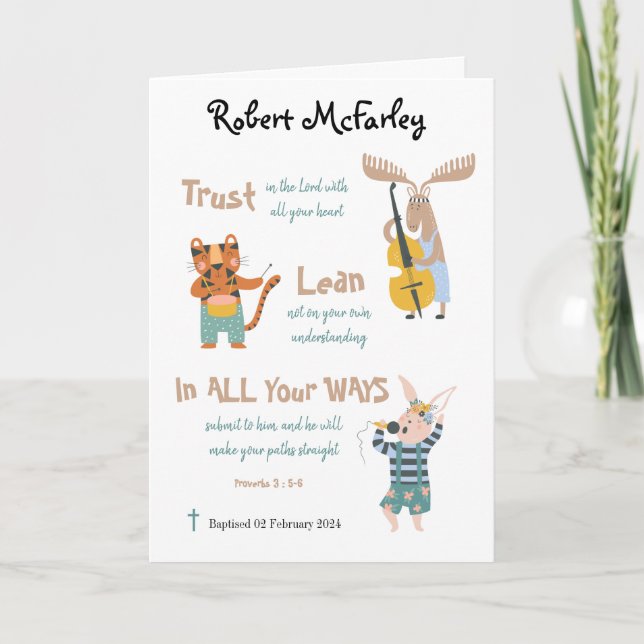 Baptism Boy Cute Musical Animals med Bible Verse Kort (Framsida)