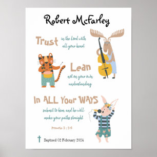 Baptism Boy Cute Musical Animals med Bible Verse Poster