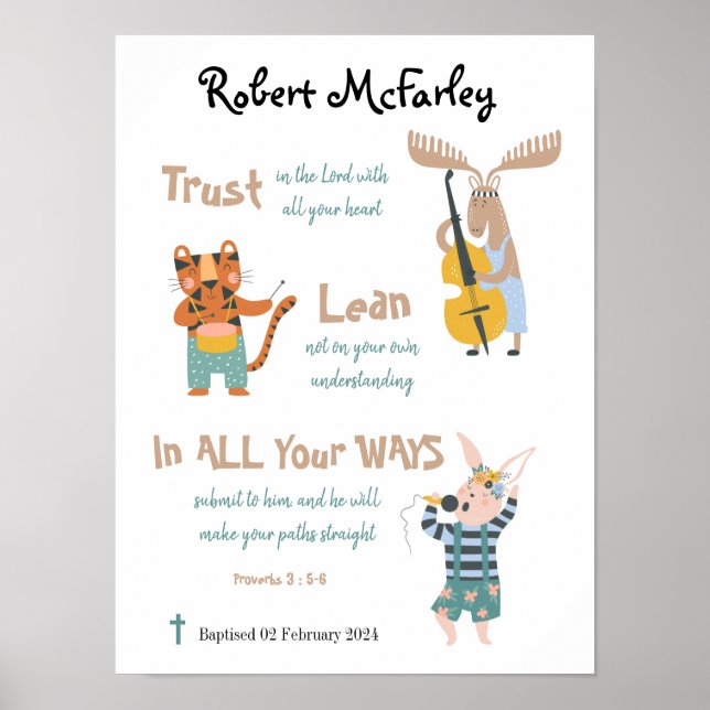 Baptism Boy Cute Musical Animals med Bible Verse Poster (Framsidan)
