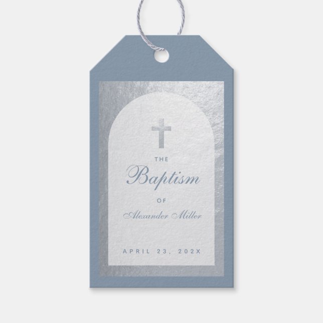 Baptism Boy Dusty Blue Faux Silver Arch-skript Presentetikett (Framsidan)