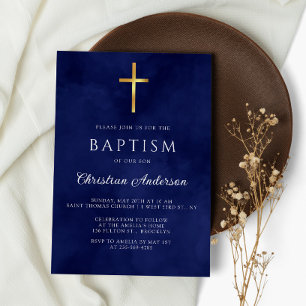 Baptism Boy Elegant Royal Blue Watercolor Inbjudningar