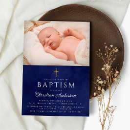 Baptism Boy Elegant Royal Blue Watercolor Inbjudningar