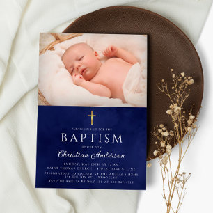 Baptism Boy Elegant Royal Blue Watercolor Inbjudningar