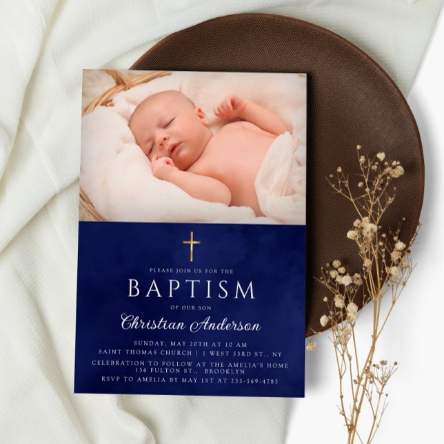 Baptism Boy Elegant Royal Blue Watercolor Inbjudningar (Skapare uppladdad)