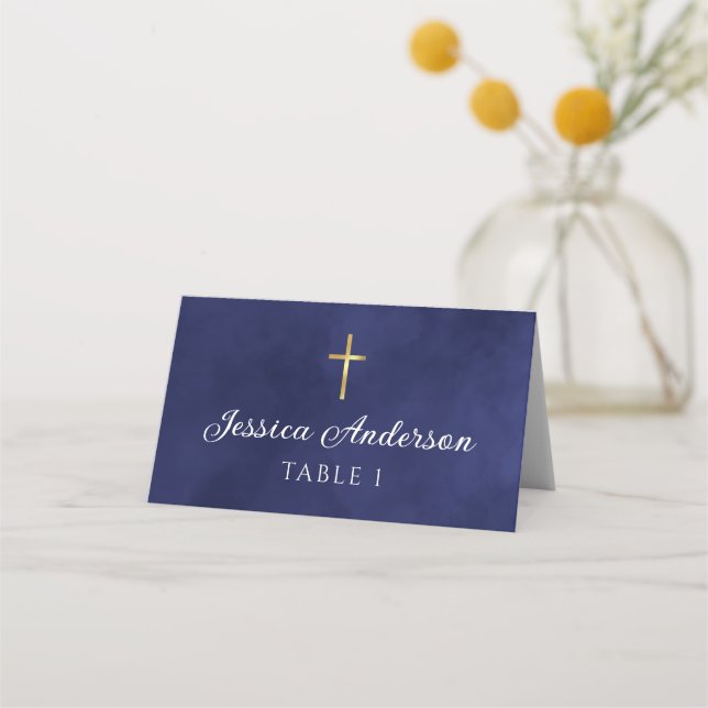 Baptism Boy Elegant Royal Blue Watercolor Placeringskort (Framsida)