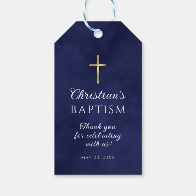 Baptism Boy Elegant Royal Blue Watercolor Presentetikett (Framsidan)