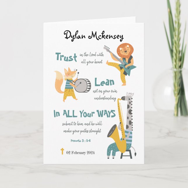 Baptism Boy Funny Musical Animals och Bible Verse Kort (Framsida)