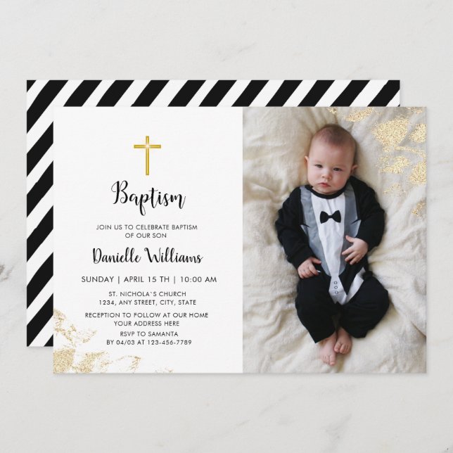 Baptism Boy | Inbjudan till Photo Black Guld Strip (Fram/baksida)