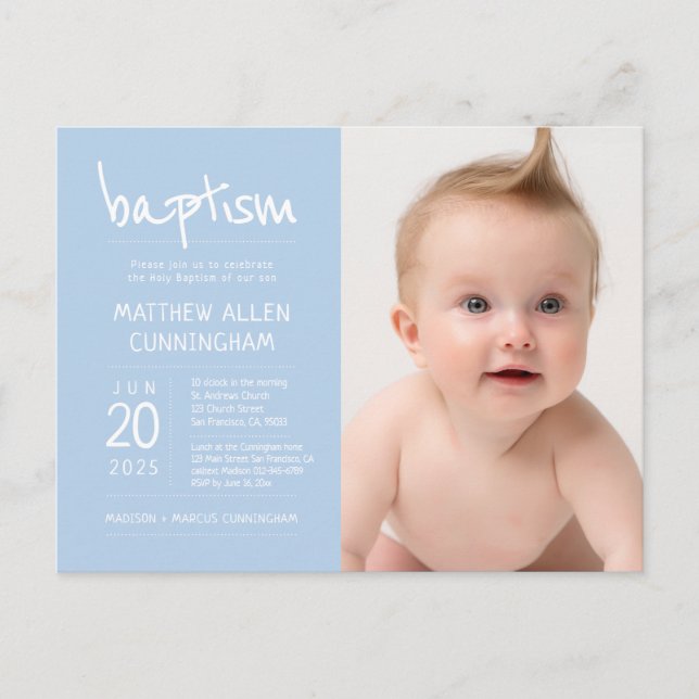 Baptism Boy | Modern + enkel fotoinbjudan Vykort (Framsida)
