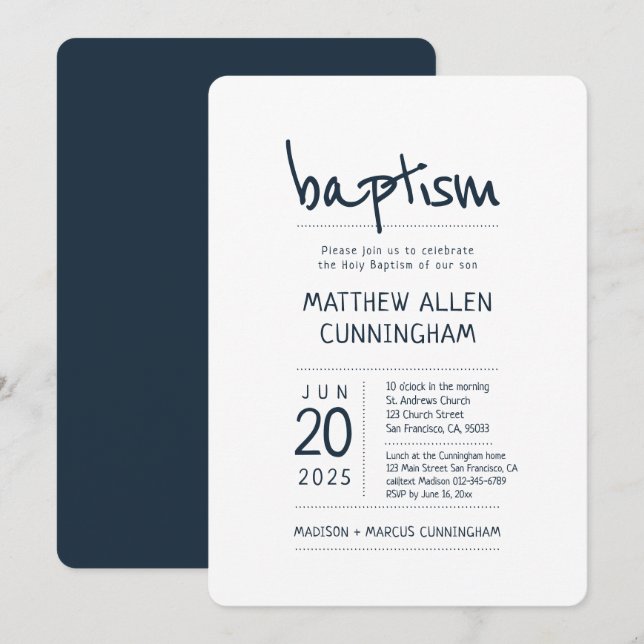 Baptism Boy | Modern + enkel Inbjudningar (Fram/baksida)