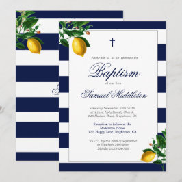 Baptism Boy Navy Rand Lemons Silver Religiösa Inbjudningar