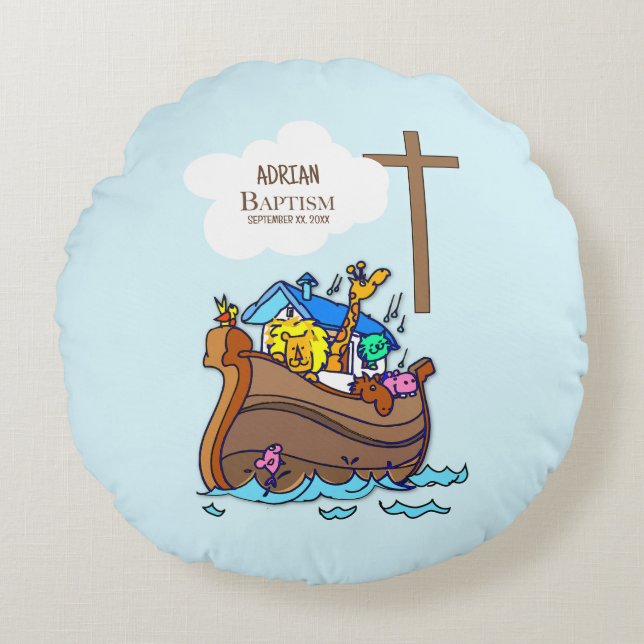 Baptism Boy Noahs Ark, Cute Animals Personlig Rund Kudde (Framsidan)