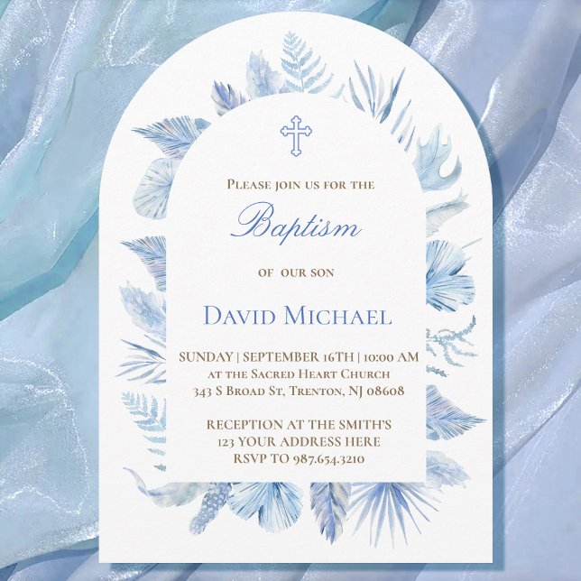 Baptism boy pastel blue foliage invitation inbjudningar (Skapare uppladdad)