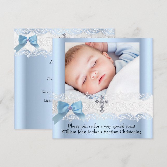 Baptism Boy Photo Blue White Snöre Jewel Kor 3 Inbjudningar (Fram/baksida)