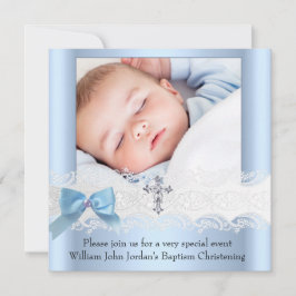 Baptism Boy Photo Blue White Snöre Jewel Kor 3 Inbjudningar