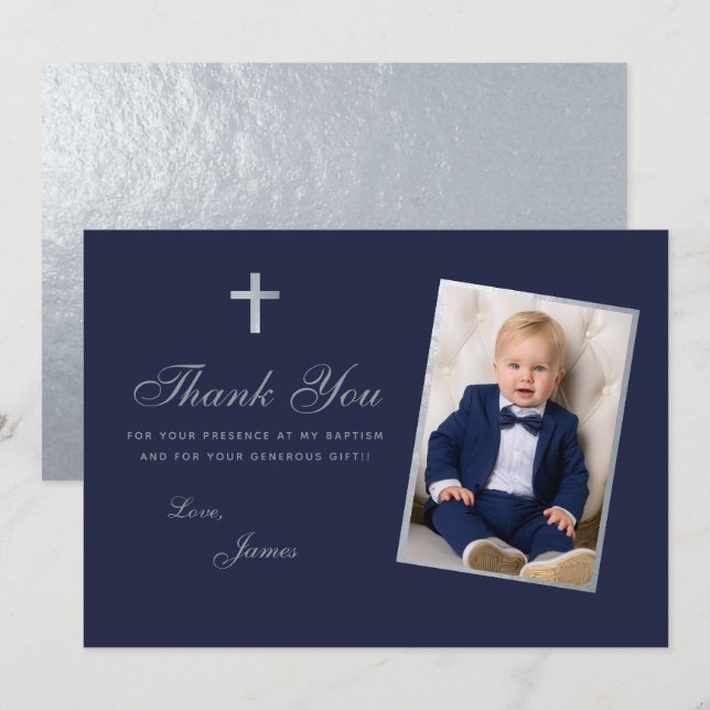 Baptism Boy Photo Faux Silver Navy Blue Script Tack Kort (Fram/baksida)