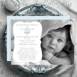 Baptism | Boy Photo Vintage Fleur de Lis Kor Inbjudningar