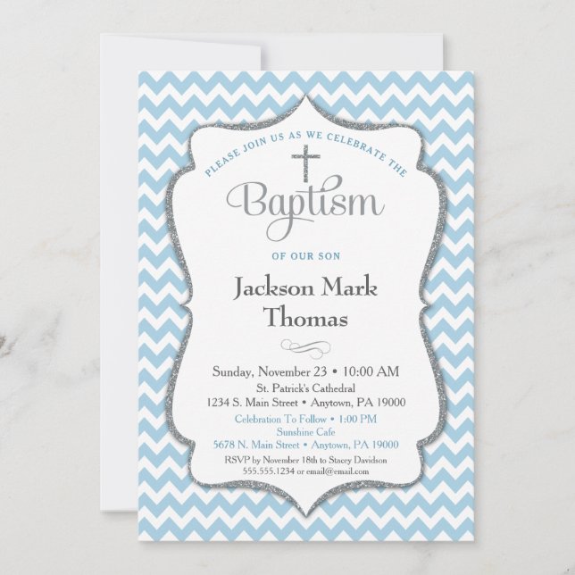 Baptism Boys Blue Grått Chevron Elegant Inbjudningar (Framsida)