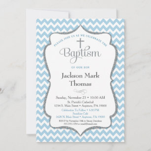 Baptism Boys Blue Grått Chevron Elegant Inbjudningar