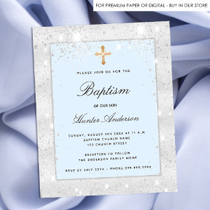 Baptism budgetinbjudan för silver blå glitter-pojk flygblad